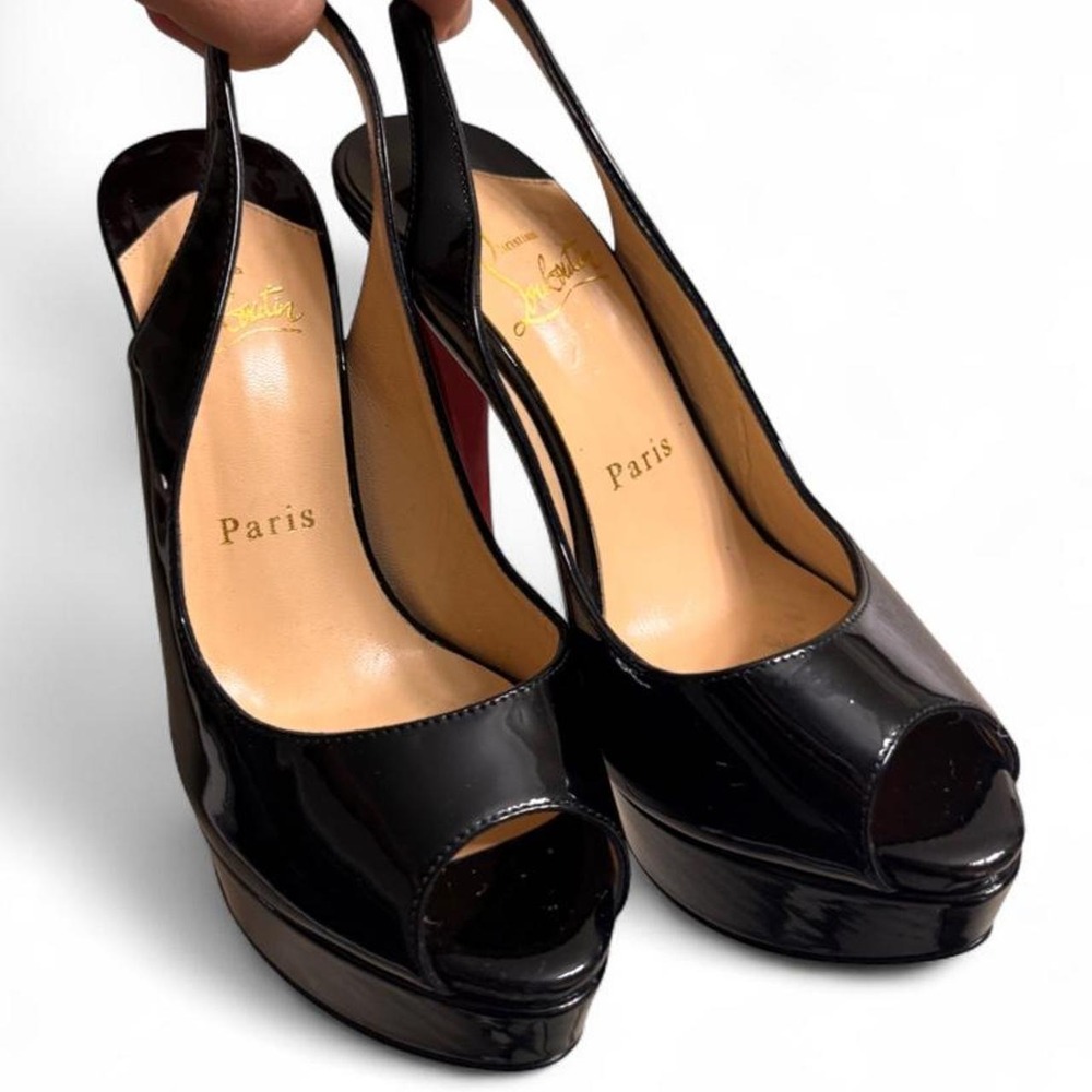 Christian Louboutin Lady Peep Sling 150 Patent Leather Pumps Black EU 35 / US 5
